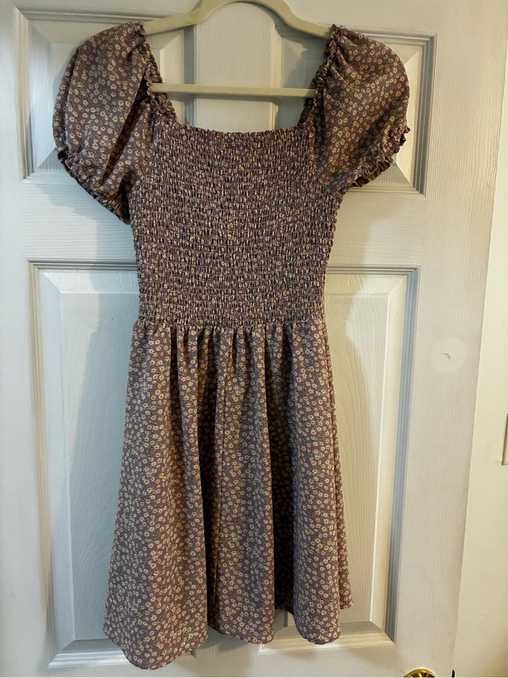 Puff Sleeve Purple Floral Button up mini dress - Picture 2 of 3